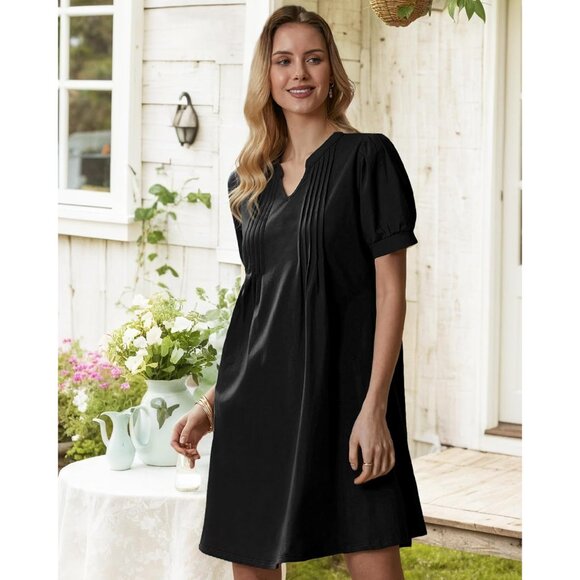 Women’s Summer Dress Polyester Blended Shift V Neck Puff Short Sleeve Casual - Picture 4 of 7